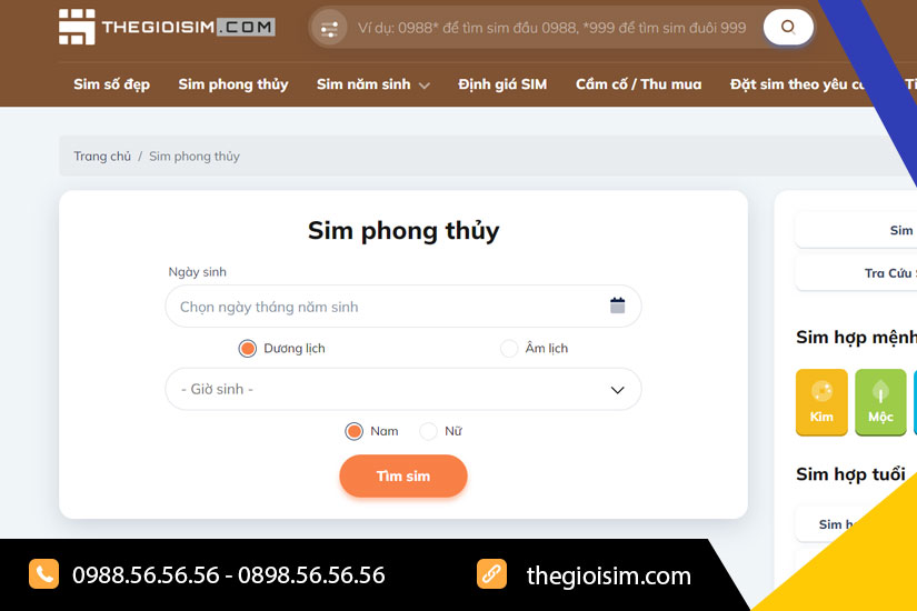 Công cụ tìm sim phong thủy tại Thegioisim.com