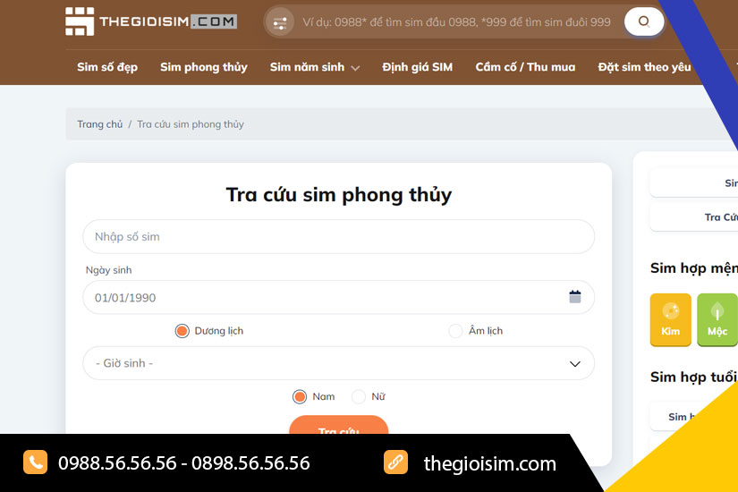 Công cụ tra cứu sim phong thủy của thegioisim.com